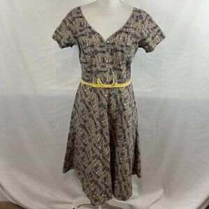 Eshakti Custom Dress Gray Yellow Navy Blue Key Print V-Neck Short Sleeve A-Line